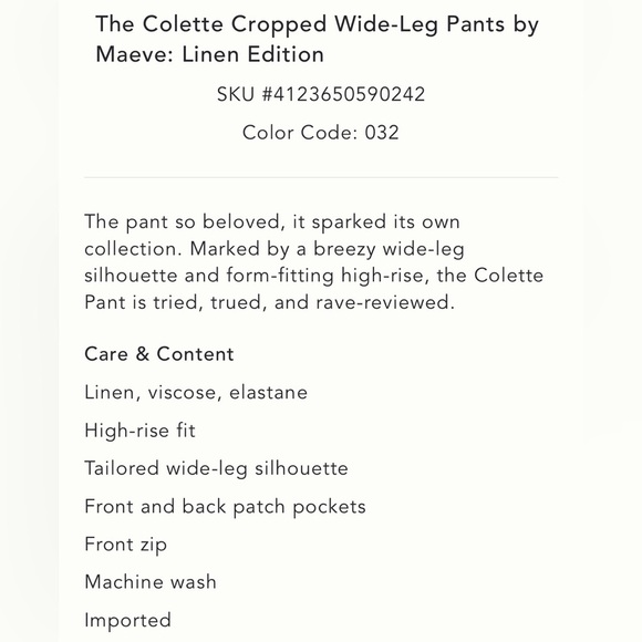 Anthropologie The Colette Cropped Wide Leg Pant: Linen Edition Size 28 NWT - Picture 5 of 15